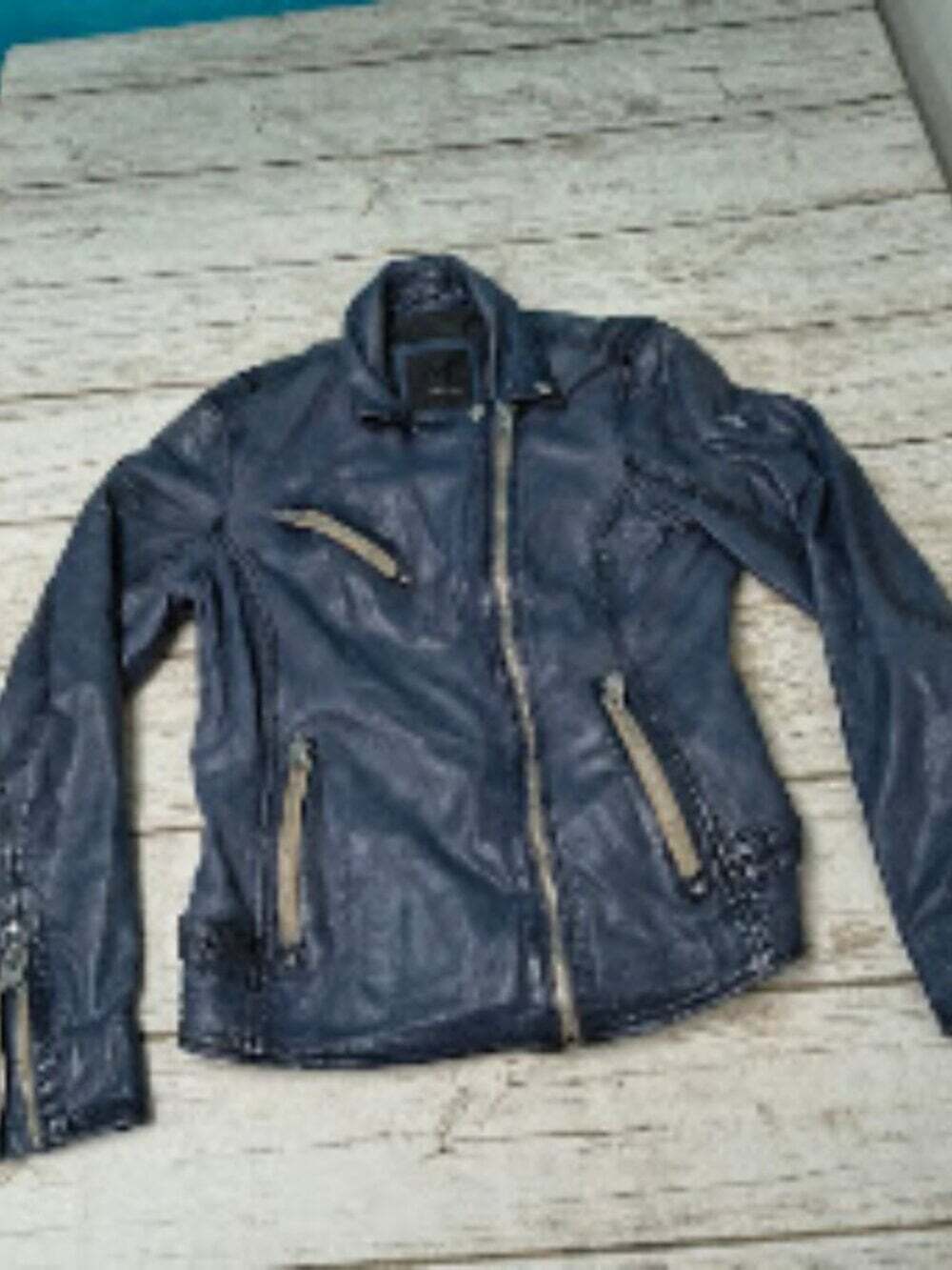 MAURITIUS Blue Leather Biker Jacket Peace Sign Back Studded Moto